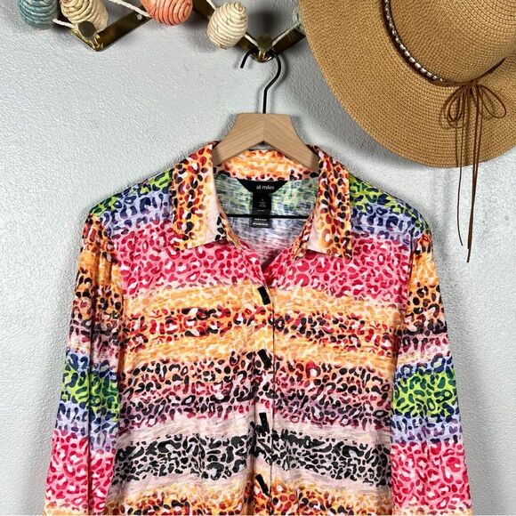 Ali Miles Rainbow Leopard Print Button Front Long Sleeve Knit Tunic Size Large - Picture 3 of 8